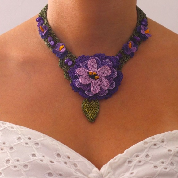 Purple, Crochet Amethyst Necklace, Flower Bib Necklace, Statement Neck Accessory - Picture 2 of 10